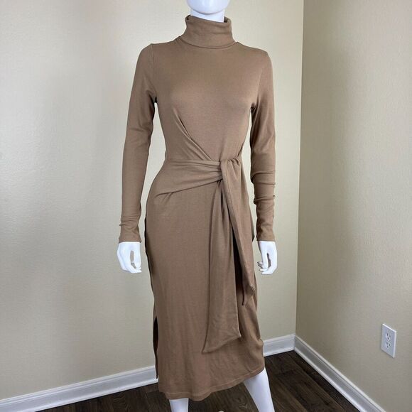 Ralph Lauren Womens Size M Camel Tie Front Turtleneck Sweater Bodycon Midi Dress - Picture 15 of 16